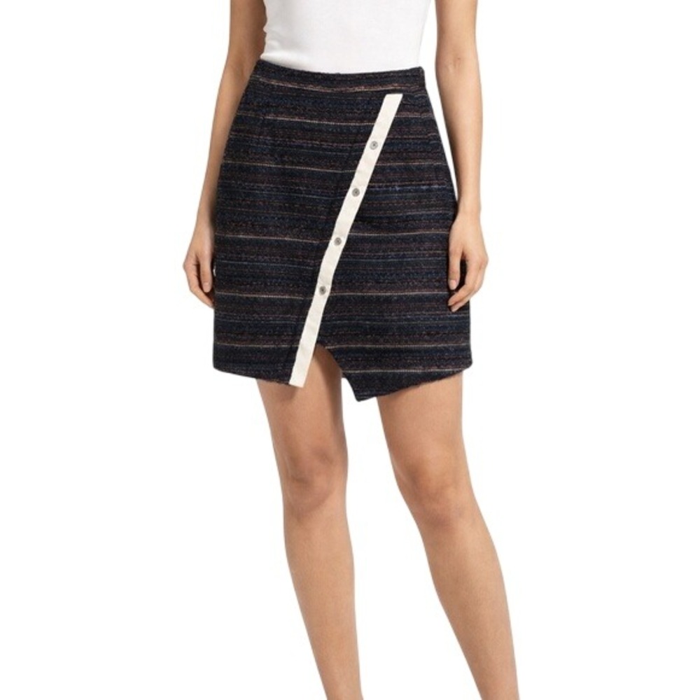 Asymmetrical Navy Stripe Skirt with Contrast Button Trim